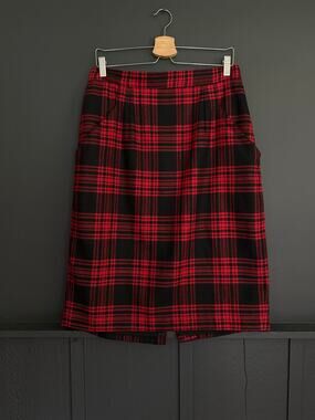 Vintage Red and Black Plaid Wool Blend Pencil Midi Skirt Size 16 Kathryn Deene